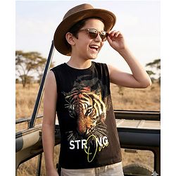 Pine Kids Cotton Knit Sleeveless Tank T-Shirt with Tiger Graphic - Black