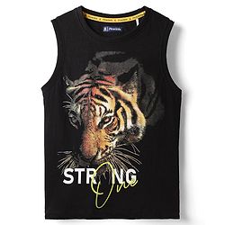 Pine Kids Cotton Knit Sleeveless Tank T-Shirt with Tiger Graphic - Black