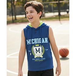 Pine Kids Cotton Knit Sleeveless Hooded T-Shirt With Text Print - Navy Blue