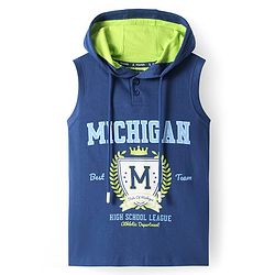 Pine Kids Cotton Knit Sleeveless Hooded T-Shirt With Text Print - Navy Blue