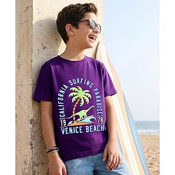 Pine Kids Cotton Knit Half Sleeves T-Shirt with Beach Theme Graphic - Purple
