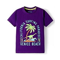 Pine Kids Cotton Knit Half Sleeves T-Shirt with Beach Theme Graphic - Purple