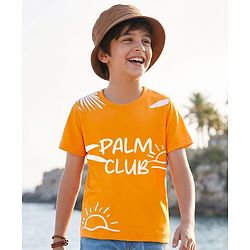 Pine Kids Cotton Knit Half Sleeves T-Shirt with Tropical Theme Graphic - Orange