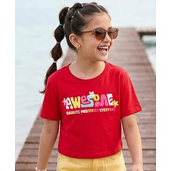 Pine Kids Cotton Knit Half Sleeves T-Shirt With Awesome Text Print - Red