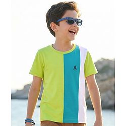 Pine Kids Cotton Knit Half Sleeves T-Shirt with Stripes & Brand Logo Print  Print - Limegreen & Light Blue