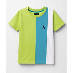 Pine Kids Cotton Knit Half Sleeves T-Shirt with Stripes & Brand Logo Print  Print - Limegreen & Light Blue