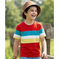 Pine Kids Cotton Knit Half Sleeves T-Shirt with Stripes - Red & Yellow