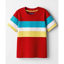 Pine Kids Cotton Knit Half Sleeves T-Shirt with Stripes - Red & Yellow