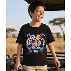 Pine Kids Cotton Knit Half Sleeves T-Shirt with Tiger Graphic - Black