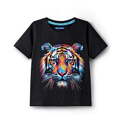 Pine Kids Cotton Knit Half Sleeves T-Shirt with Tiger Graphic - Black