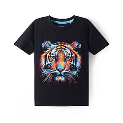Pine Kids Cotton Knit Half Sleeves T-Shirt with Tiger Graphic - Black