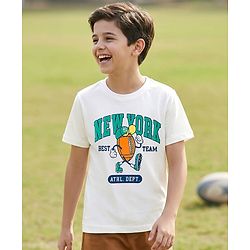 Pine Kids Cotton Knit Half Sleeves T-Shirt With Text Print - White