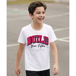 Pine Kids Cotton Knit Half Sleeves T-Shirt With Text Print - White