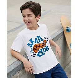 Pine Kids Cotton Knit Half Sleeves T-Shirt With Skating Print - White