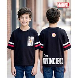 Pine Kids Marvel Single Jersey Knit Drop Shoulder Half Sleeves T-Shirt with Front & Back Iron Man Graphic - Black