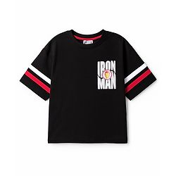 Pine Kids Marvel Single Jersey Knit Drop Shoulder Half Sleeves T-Shirt with Front & Back Iron Man Graphic - Black