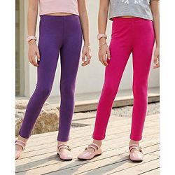 Pine Kids Cotton Lycra Knit Full Length Solid Leggings Pack Of 2 - Fuchsia & Purple