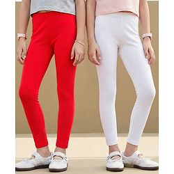 Pine Kids Cotton Lycra Knit Full Length Solid Leggings Pack Of 2 - White & Red
