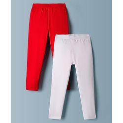 Pine Kids Cotton Lycra Knit Full Length Solid Leggings Pack Of 2 - White & Red