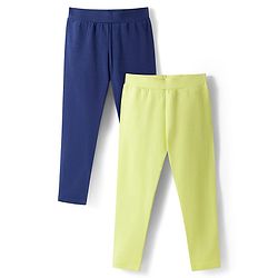 Pine Kids Cotton Lycra Knit Full Length Solid Leggings Pack of 2 - Lime Green & Navy Blue