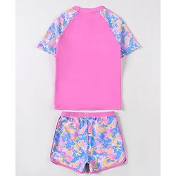 Pine Active Half Raglan Sleeves Tie & Dye Two Piece Swimsuit with Swimming Print - Pink