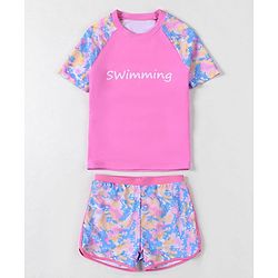 Pine Active Half Raglan Sleeves Tie & Dye Two Piece Swimsuit with Swimming Print - Pink