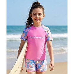 Pine Active Half Raglan Sleeves Tie & Dye Two Piece Swimsuit with Swimming Print - Pink