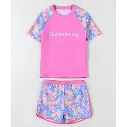 Pine Active Half Raglan Sleeves Tie & Dye Two Piece Swimsuit with Swimming Print - Pink