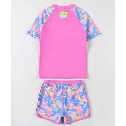Pine Active Half Raglan Sleeves Tie & Dye Two Piece Swimsuit with Swimming Print - Pink