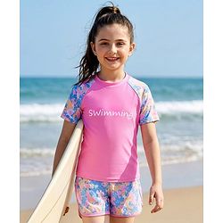 Pine Active Half Raglan Sleeves Tie & Dye Two Piece Swimsuit with Swimming Print - Pink