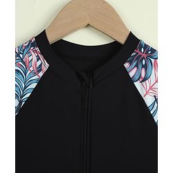 Pine Kids Half Raglan Sleeves Tropical Theme Printed Legged Swimsuit - Black
