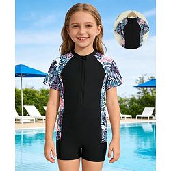 Pine Kids Half Raglan Sleeves Tropical Theme Printed Legged Swimsuit - Black