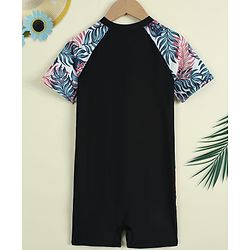 Pine Kids Half Raglan Sleeves Tropical Theme Printed Legged Swimsuit - Black