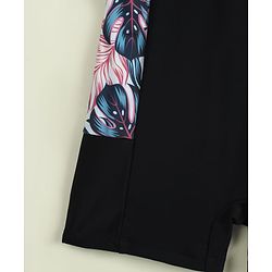 Pine Kids Half Raglan Sleeves Tropical Theme Printed Legged Swimsuit - Black