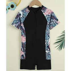 Pine Kids Half Raglan Sleeves Tropical Theme Printed Legged Swimsuit - Black