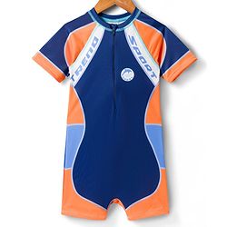 Pine Kids Half Raglan Sleeves Text Printed Legged Swimsuit with Cap- Navy Blue
