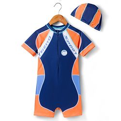 Pine Kids Half Raglan Sleeves Text Printed Legged Swimsuit with Cap- Navy Blue