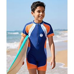 Pine Kids Half Raglan Sleeves Text Printed Legged Swimsuit with Cap- Navy Blue