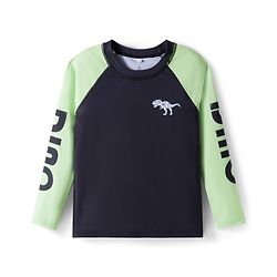 Pine Kids Raglan Full Sleeves Two Piece Swimsuit & Cap Text with Dino Print - Black