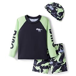 Pine Kids Raglan Full Sleeves Two Piece Swimsuit & Cap Text with Dino Print - Black