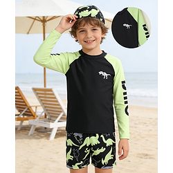 Pine Kids Raglan Full Sleeves Two Piece Swimsuit & Cap Text with Dino Print - Black