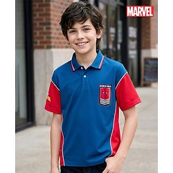 Pine Kids Marvel Terry Knit Half Sleeves Cut & Sew Polo T-Shirt with Spider-Man Graphic - Blue & Red
