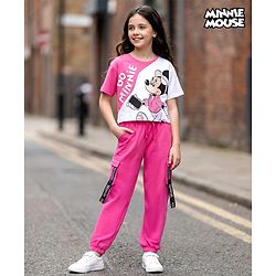 Pine Kids Disney Single Jersey Knit Drop Shoulder Half Sleeves Cut & Sew T-Shirt with Joggers Set With Minnie Mouse Graphics - Pink & White