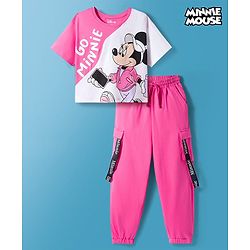 Pine Kids Disney Single Jersey Knit Drop Shoulder Half Sleeves Cut & Sew T-Shirt with Joggers Set With Minnie Mouse Graphics - Pink & White