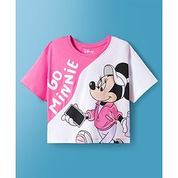 Pine Kids Disney Single Jersey Knit Drop Shoulder Half Sleeves Cut & Sew T-Shirt with Joggers Set With Minnie Mouse Graphics - Pink & White