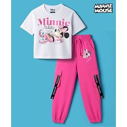 Pine Kids Disney Single Jersey Knit Drop Shoulder Oversized Half Sleeves Crop Top & Joggers Set With Minnie Mouse Graphics - White & Pink