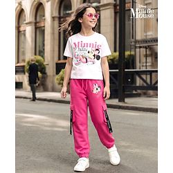 Pine Kids Disney Single Jersey Knit Drop Shoulder Oversized Half Sleeves Crop Top & Joggers Set With Minnie Mouse Graphics - White & Pink