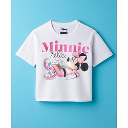 Pine Kids Disney Single Jersey Knit Drop Shoulder Oversized Half Sleeves Crop Top & Joggers Set With Minnie Mouse Graphics - White & Pink