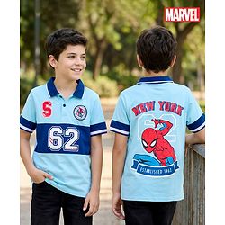 Pine Kids Marvel 100% Cotton Knit Half Sleeves Cut & Sew Polo T-Shirt With Front & Back Spiderman Graphics - Blue