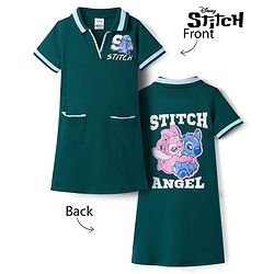 Pine Kids Disney Single Jersey Knit Half Sleeves Frock With Stitch & Angel Graphics - Dark Green